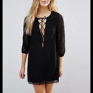 Plunge lace-up black eyelet dress,, S